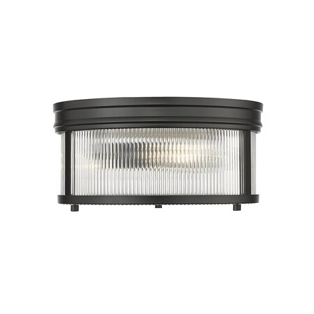 Z-Lite Carnaby Flush Mount, 2-Light, 13 In.W x 6.5 In.H, Matte Black/Clear Ribbed 7504FR13-MB